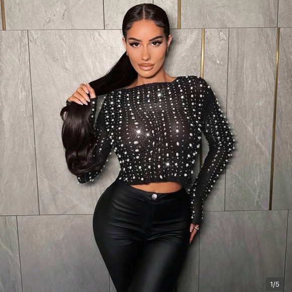 None Tops - New Elegant Black Beaded Women's Pearl Top size XS